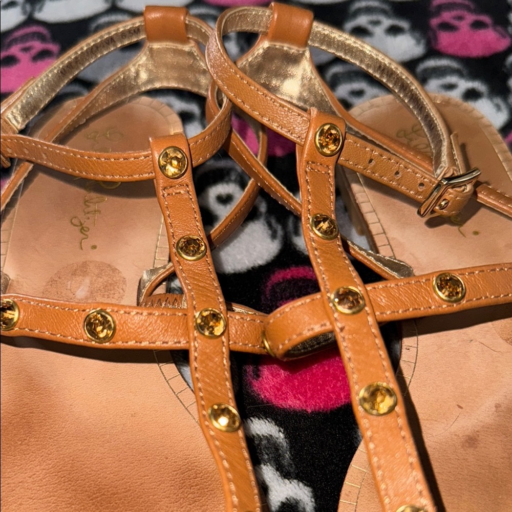 Brown Leather Sandals with Gold Accents - Picture 2 of 5